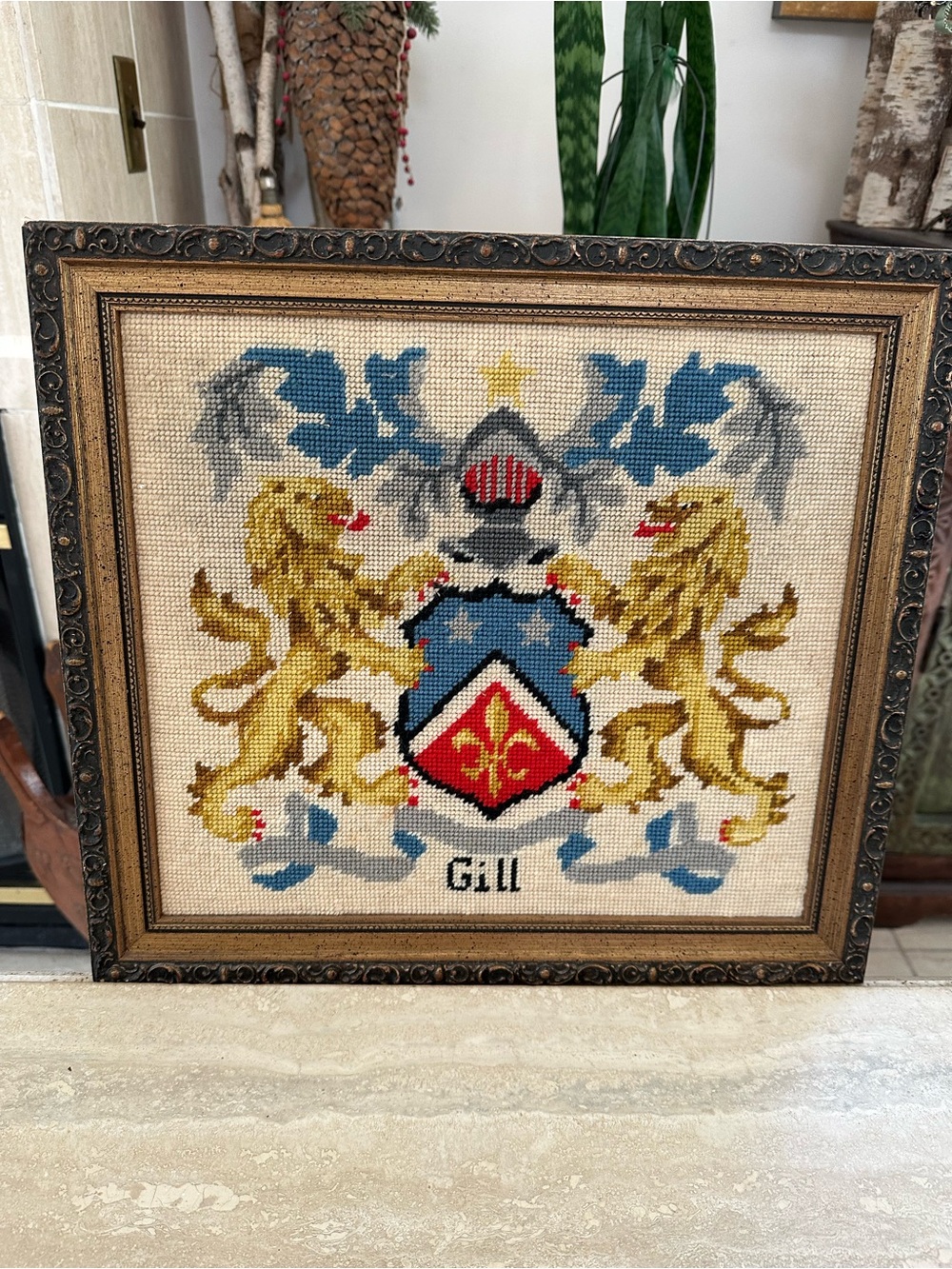 Handcrafted Heraldic Lion Needlepoint Wall Art in Gold / Blue GILL FAMILY CREST